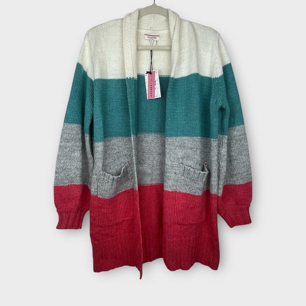 Andree By Unit Colorblock Cardigan Open Front Pockets NWT Women’s Small
